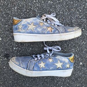 2/$25 Giovannety Womens Size 5.5 Blue Silver Stars Print Denim Lace-Up Sneakers
